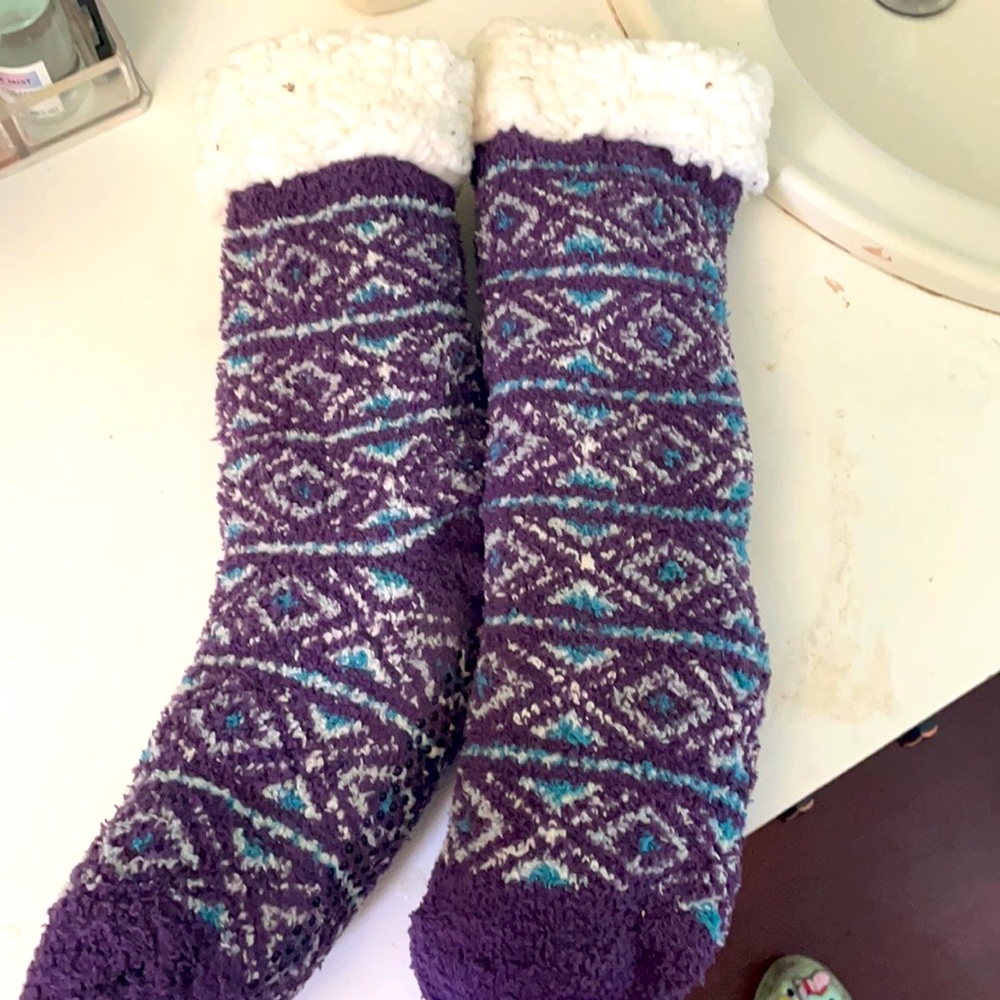 Comfy purple,blue, and white socks.